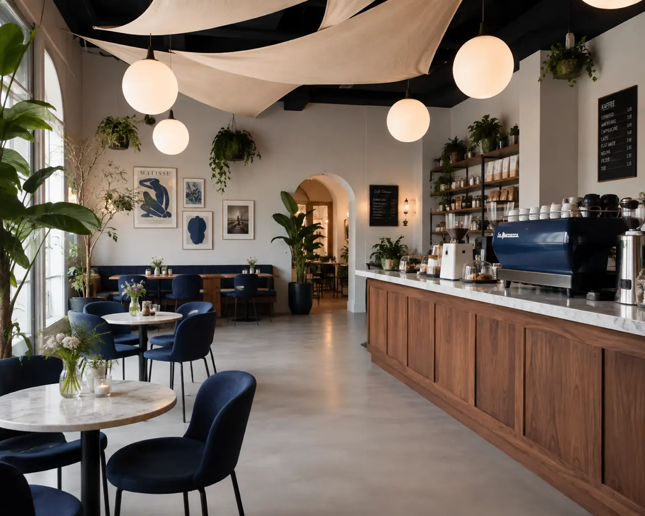 KI-generiert: Modernes Cafe mit blauen Stuehlen Holztheke Pflanzen und Kugelleuchten