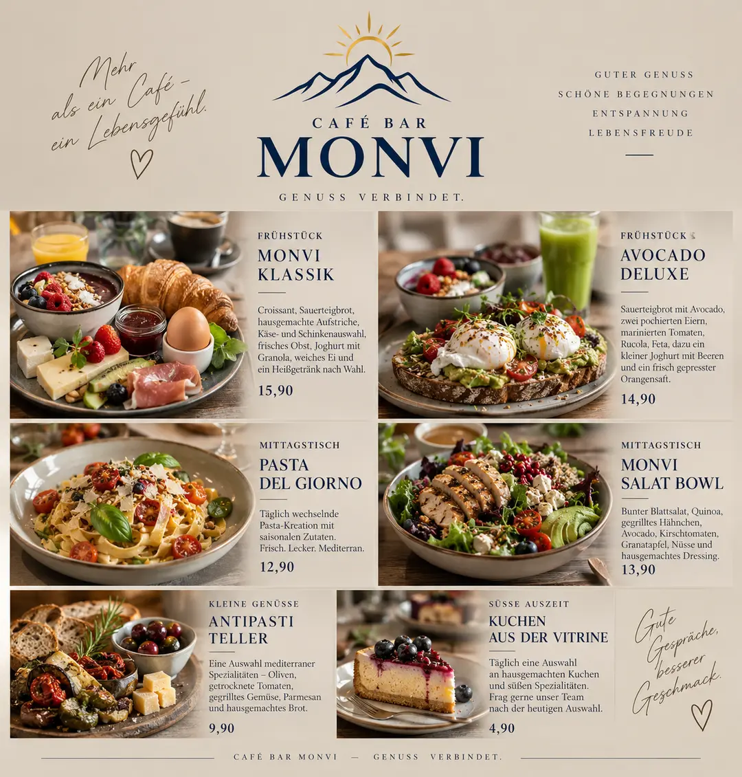 KI-generiert: Speisekarte der Cafe Bar Monvi mit Fotos von Fruehstueck Pasta Salat und Kuchen