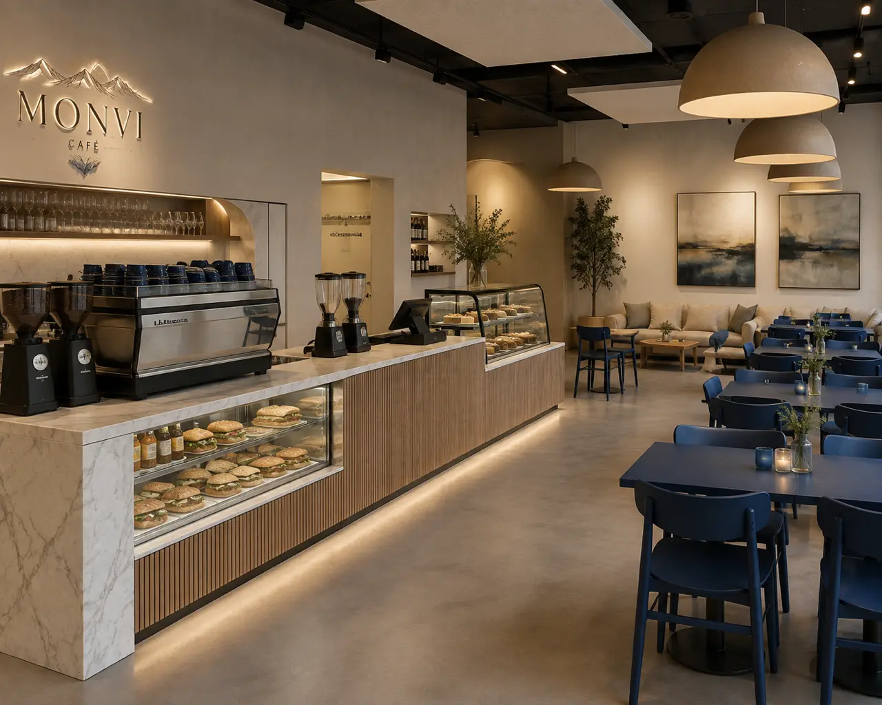 KI-generiert: Modernes Monvi Cafe mit Marmortheke Espressomaschine und blauen Stuehlen